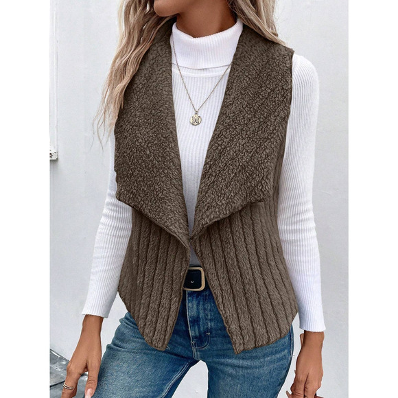 ribbed knit Waterfall Collar Open Front teddy Vest - Picture 3 of 5